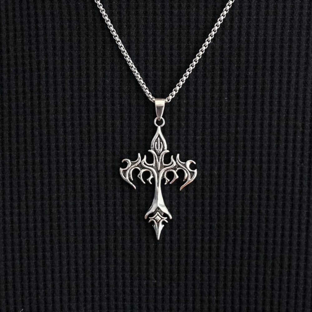 Gothic flame y2k silver cross pendant necklace